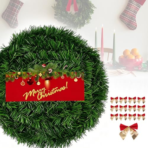 NefLaca 10 m Weihnachtsgirlande mit 45 Weihnachtsschleifen DIY | künstliche Kieferngirlande für den Innen- und Außenbereich Diese Tannengirlande erfreut die ganze Familie