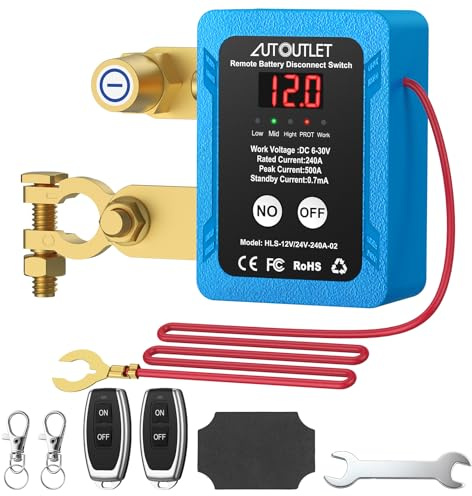 AUTOUTLET Stacca Batteria per Auto DC 6V-30V 240A, Sezionatore Auto Remoto Senza Fili con Telecomando e Chiave Inglese per Camion Barca RV Roulotte,Display LCD e Spegnimento Automatico