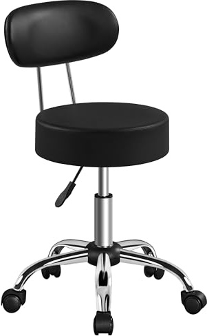 Yaheetech Adjustable Stool on Wheels with 10cm Cushion, Rolling Stool with Back Support, Office Computer Swivel Chair, PU Leather Easy-Clean Surface for Home Office/Salon Silent, Black | Rolling Stool Office Computer Swivel Chair, PU Leather Easy-Clean Surface for Home Office/Salon Silent, Black