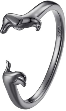 Kerraom Dackel Ring 925 Silber Gold/Roségold/Schwarz Vergoldet - Dachshundring Verstellbarer Stapel, Schmuck für Damen Mädchen, Geschenk für Hundeliebhaber Tochter Enkelin Mutter Großmutter