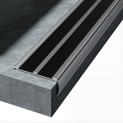 Winkelprofil Treppenkante Selbstklebend 100 cm - Alu Treppenprofil Breit mit 2 Gummieinlagen - Rutschfester Kantenschutz für Treppenrenovierung