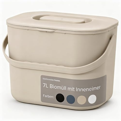 blackswedenhome. Biomülleimer Küche - 7L - Design Komposteimer mit Sieb - Bio-Mülleimer Geruchsdicht - Bio Abfalleimer- Komposter Eimer mit Deckel - Bioabfallbehälter für Küche - Beige