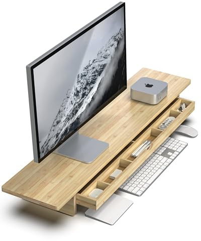 WELL WENG Support d’écran en bambou avec grand tiroir de rangement | rehausseur d'ordinateur de 107 cm pour bureau, tablette d'écran à 7 compartiments pour ranger le clavier, Bambou