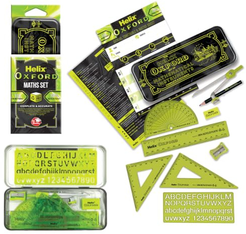 Oxford Helix Maths Set Green & Black Marble Edition 9 Piece Geometry Set with Ruler, Compass, Protractor, Pencil & Eraser for School, Exams & Students