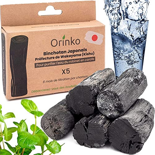 ORINKO® Carbón activado Agua Binchotan Bio x5 - Filtración natural Potente 1,5 L/Bastón - Roble japonés auténtico (Kishu, Wakayama) - Purificador ecológico para jarra, fuente, botella - talla S