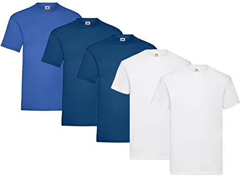 Fruit of the Loom Pack of 5 T-Shirts, 2 x White + 2 x Navy + 1 x Royal + 1 HL Kauf Notepad, Size S