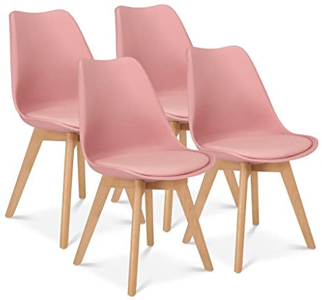 Bravich Set Of 4 Rocco Dining Chairs- Dusty Pink. Faux Leather Upholstered Dining Chair With Natural Wooden Legs, Cushion Pad Seat & Back Support For Kitchen Table- 42 x 42 x 81cm.