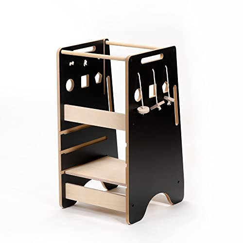 Lernturm Höhenverstellbar Learning Tower - 82x40x50 cm | Kinderhochstuhl Aufstiegshilfe Kindertritt Kinder Hocker | Montessori Tritthocker | Helferturm Hochstand Kinderhocker (Schwarz - Holz)