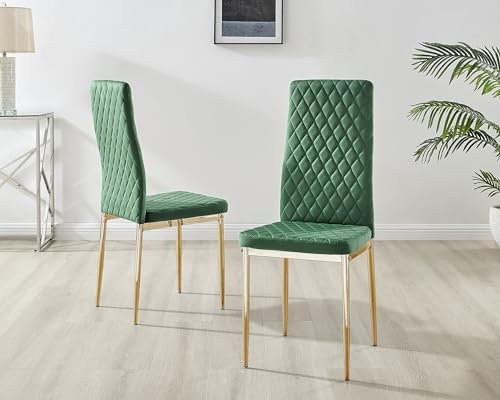 Furniturebox UK Milan Dining Set - 4 Luxurious Gold Leg Velvet Dining Chairs - Contemporary & Hatched Diamond Design (Green Velvet)
