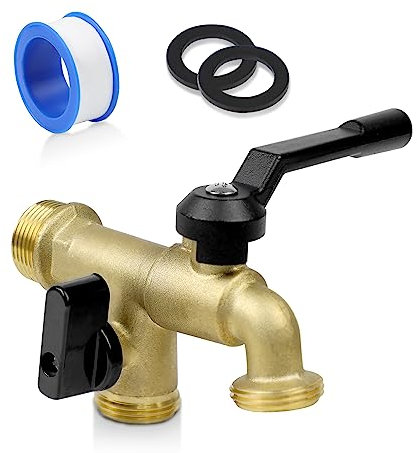 Outdoor Garten Wasserhahn mit Doppelauslass, Außen Wandmontage Garten Wasserhahn mit Zwei 3/4 Zoll Messing Kugelhähne, Rost- & Frostsicher Outdoor Zapfhahn für Waschmaschine, Gartenschlauch