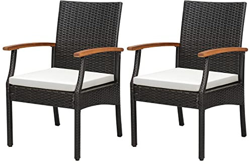 KOMFOTTEU 2er Rattan Gartenstuhl Set, Terrassenstuhl mit Armlehnen aus Holz, Rattanstuhl mit abnehmbarem Kissen & Rückenlehne, Balkonstuhl bis 180 kg belastbar für Balkon Terrasse