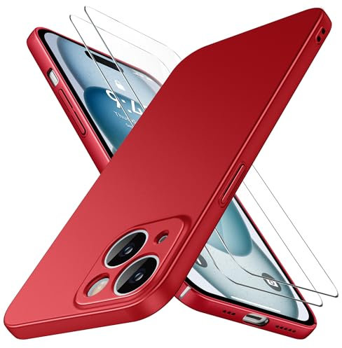 Natiiozie Ultra Dünn Handyhülle Kompatibel mit iPhone 15 Hülle PP Case mit 2 Stück Schutzfolie, Slim Leicht Hartschale mit Voll Kameraschutz Kratzfeste Matt Schutzhülle - Rot