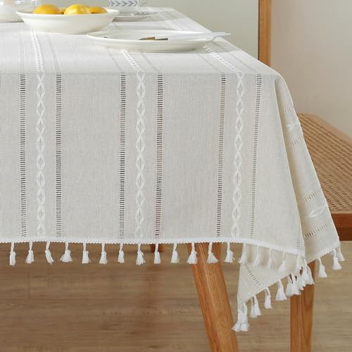 meioro Böhmische Tischdecke für Küche Dekoration, 100x160cm Makramee Tischtuch mit Quasten, Rechteckige Leinen Tischwäsche, Gestreifte Tafeldecke Mesh Tischdecken für Esstisch Tabletop(Elfenbein Weiß)