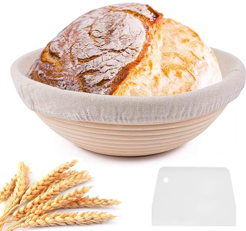 Round Proofing Basket Made of Natural Wicker Cane, Diameter 25 cm, Round Proofing Basket for Bread Baking - Set with Dough Scraper for 1Kg Bread, Whole Grain Bread, and Sourdough Bread