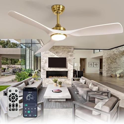 Depuley Ceiling Fan with Light Modern: 52 Inch Outdoor Fan with Remote App Control for Patio Porch - White Gold Ceiling Fan for Indoor - 3 Blade Fan Reversible Timer Quiet