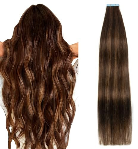AGMITY Tape In Extensions Echthaar 20pcs 55cm 50g Dunkelbraun mit Chestnut Brau Invisible Ombre Tape Extensions Echthaar Extensions Echthaar Tape Extensions Skin Weft Haarverlängerung(55cm #2/2/6)