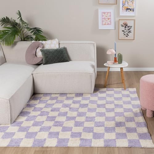 FRAAI | Home & Living Retro Teppich - Gambit Lila Weiß - Blöcke - Modern, Wohnzimmer, Kinderzimmer, Schlafzimmer - Fellteppich - Carpet