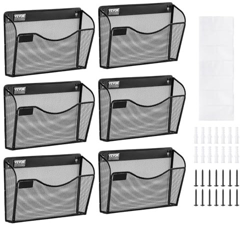 VEVOR Support mural de fichiers, 6 PCs, 1 poche, porte-documents en maille pour magazines, courrier, papier, organisateur mural en métal avec étiquette nominative, pour bureau, maison et école, noir