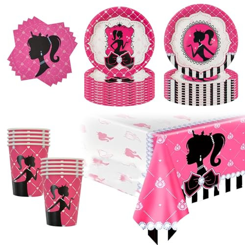51PCS Hotpink Girls Party Tableware Set Princess Party Decorations Pink Party Supplies for Kids Girls Princess Birthday Party Supplies Birthday Party Dinnerware Paper Plates Cups Napkins Tablecloth