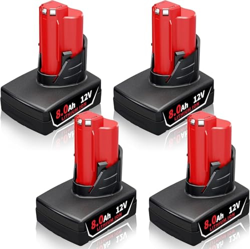 4 Pieces 8.0Ah 12V Replacement for Milwaukee M-12 Battery, Compatible with Milwaukee Battery M12 XC 48-11-2410 48-11-2420 48-11-2411 48-11-2401 48-11-2402 and Cordless Power Tools