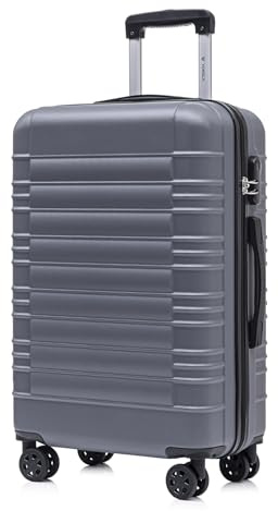 YONSLY Koffer Suitcase L Grau, Trolley Reisekoffer, Rollkoffer Handgepäck mit 4 Rollen 360°, Hartschalenreisekoffer, Zahlenschloss, Weicher Gummigriff