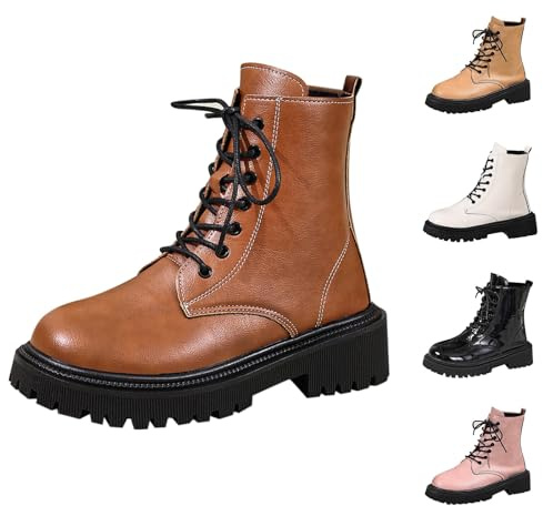 Momolaa Coffee Ankle Boots for Women Patent Leather Platform Lug Sole Combat Booties Lace up Low Block Chunky Heel Side Zipper Fall Winter Black Military Boot Shoes Stylish Footwear Gift Size 4