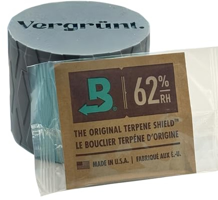Vergrünt® Fermentierdose x 4mal Boveda für Kräuter | Feuchtigkeitsregulierung 62% | Größe 8 für bis zu 30 g | schützt vor Terpenverlust, Übertrocknung & Schimmel | Humidor Festival Party (Schwarz)