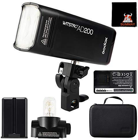 Godox AD200 200Ws Outdoor Pocket Flash Strobe TTL 1/8000s High Speed Sync Flash 2900mAh Rechargeable Battery Last Long Fast Recycle 0.01-2.1 Sec Swappable Bare Bulb/Speedlite Fresnel Flash Head