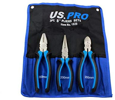 US PRO 3pc 8 Plier Set NI-FE Finish - Combination, Cutters, Long Nose 1828
