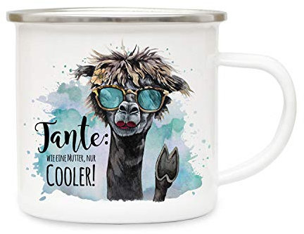 ilka parey wandtattoo-welt Emaillebecher Becher Tasse Camping Lama Sonnenbrille & Spruch Tante wie Mutter nur Cooler Kaffeetasse Geschenk eb299