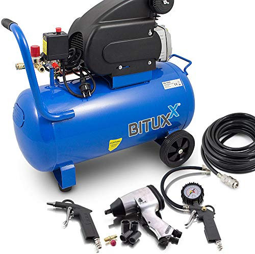 BITUXX® Druckluftkompressor 50L Luftdruck Kompressor 50 Liter + 8 teiliges Druckluft Set Reifendruck Ausblaspistolen Radwechselset Schlagschrauber Schlauch 10m Druckluftschrauber 4 Schlagnüsse