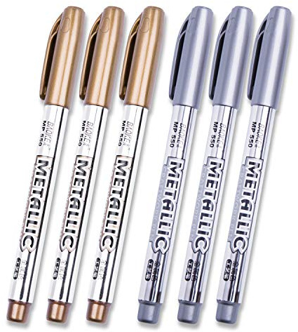 LIVEGREEN 6 Pcs Gold and Silver Metallic Marker Pens Metallic Permanent Markers,Metallic Painting Pens for Glass Surface Greeting Cards Signature Lettering