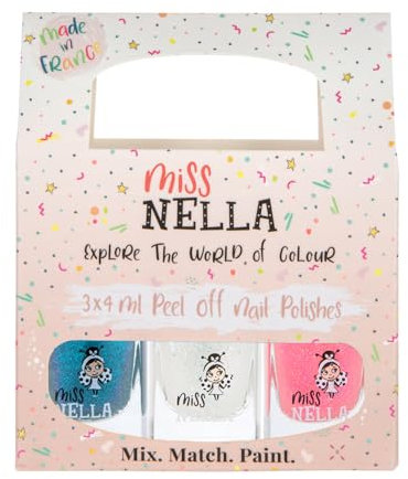MIss Nella PARTY COLLECTION 3- Nagellackpack mit 3 Abziehbare, geruchsneutrale, wasserbasierte und sichere für Kinder- Blue The Candles (blau), Confetti Clouds (clear) & Marshmallow Overloud (coral)