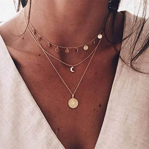 Handcess Boho-Halskette, geschichtet, goldbeschichtet, Halskette mit Sonne- und Mond-Anhänger, Pailletten, Quaste, Choker, Schmuck mit Kristall für Damen und Mädchen