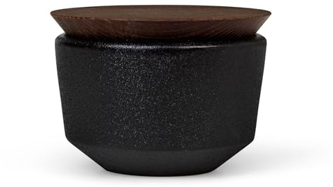 Rosendahl RÅ Salt Cellar with Ash Wood Lid - Black Ceramic, Rustic Stoneware with Cast Iron Look, Japandi Inspired Design, Stylish Addition to Your Table Setting