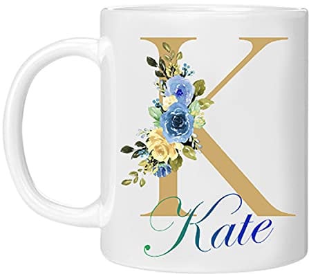 Mobile Stuff Personalised Floral Mug Initial with Name, Customised Gift for Mum, Dad, Kids or Girls, Printed Glitter, NOT Real Glitter, Tea Coffee Mug (11oz) (Gold)