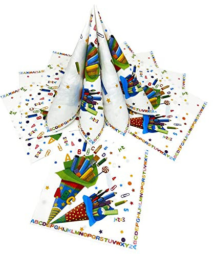 Oblique Unique® 20 Servietten Weiß für Schuleinführung Schulanfang Einschulung Deko mit bunten ABC Zuckertüte 1 + 2 = 3 Motiv Schule
