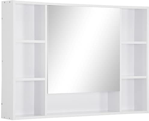 kleankin Specchiera Bagno con Mensole Aperte e Armadietto con Anta Specchiata, Mobiletto Bagno Salvaspazio Bianco, 100x15x70cm