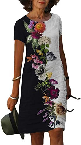shownicer Damen Sommerkleid V-Ausschnitt Kurzarm Knielang Kleid Elegant Lose Blusenkleid Casual Boho Kleid A-Linie Kleid T-Shirt Kleid A Schwarz02 XL
