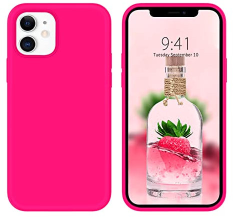 DOMAVER Silicone Coque pour iPhone 12/12 Pro Liquide, Antidérapante Case Protection Fin pour iPhone 12, Souple Étui avec Douce Microfibre en Doublure Housse Téléphone Antichoc, Rose Fluo