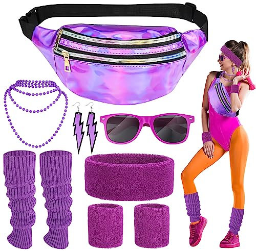 Heyu-Lotus 80er Jahre Outfit Damen Set Enthalten Ohrring Halskette Bauchtasche Stirnband Armband Sonnenbrille Beinlinge 80er Jahre Kleidung Kostüm Neon Accessoires für Karneval Thema Party