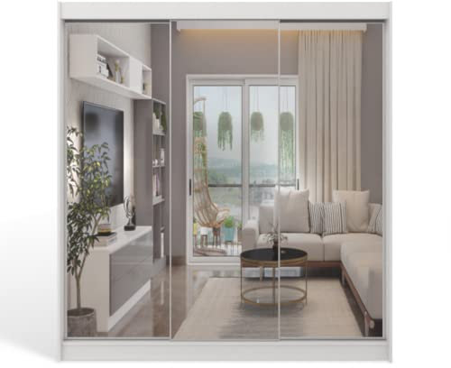 ML Furniture A3 Schiebetüren Kleiderschrank 250 cm mit Spiegel - Schlafzimmermöbel, Aufbewahrung - Mehrzweckschrank - Farbe: Weiß - 3 Schiebetüren