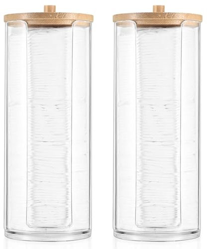 AIMIXUN 2 Pcs Cotton Round Holder, Cotton Pad Holder with Bamboo Lids, Makeup Storage Cotton Pad Dispenser Bathroom Canisters Cosmetic Organizer Storage Containers for Cotton Ball Hairband Tie