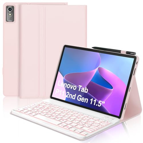 Clavier pour Lenovo Tab P11 (2nd Gen), 7 fonctions de rétroéclairage, étui de 11,5 pour Lenovo Tab 11(TB350FU/TB350XU 2022), plaque de porte italienne slim Bluetooth amovible magnétique, rose clair