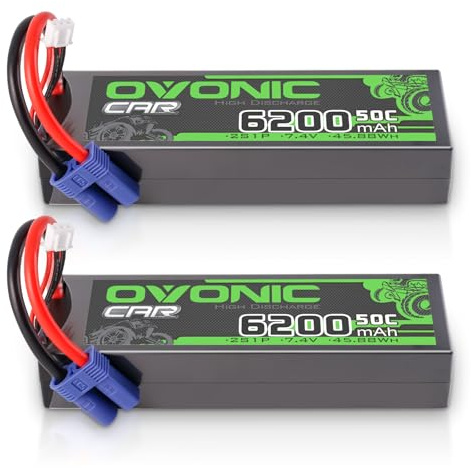 OVONIC 2SLipo Akku 6200mAh 7.4V 50C mit EC5 Stecker Hardcase für RC Auto Evader Truck Truggy BX Quadcopter Hubschrauber LKW Boot Flugzeug (2 Stück)