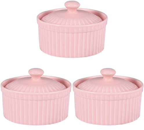Cabilock 3st Backschüssel Aus Keramik Porzellangeschirr Auflaufschalen Schicke Suppentassen Joghurtbehälter Puddingbecher Zum Backen Soße Mousse Eisbecher Mini Messer Rosa Mit Deckel
