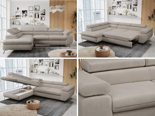 MKS MEBLE Ecksofa Sofa Beige, Wohnlandschaft L-Form mit Schlaffunktion und Bettkasten, Schlafsofa mit Bettkasten, Sofa mit Einstellbare Kopfstützen, Peter L - Beige Velvet - Links Beige