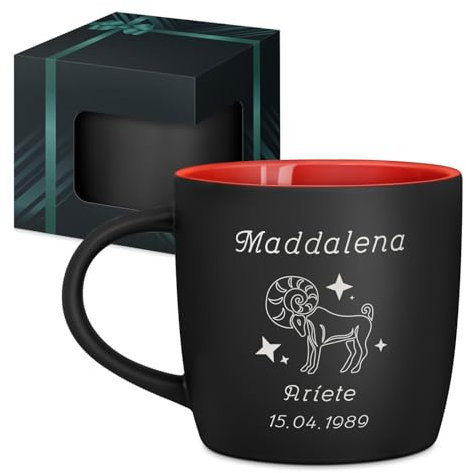Maverton Tazza da caffè latte o tè in ceramica - 400 ml - Incisione personalizzata - Bicchiere con manico per bevande per Lei - Tazze da colazione per compleanno donna - Interno rosso - oroscopo