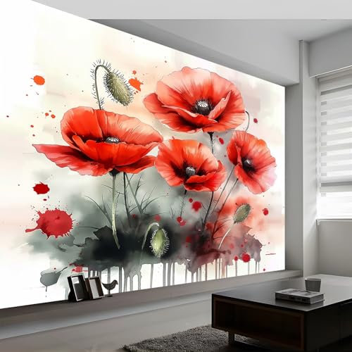 Wandtapete Aquarell Pflanze Mohn Fototapete 250 x 175 cm (B x H), Rot Tapete Bild Dekoration Wand-Dekor, Tapete Panorama Poster für Mädchen, Jungs Schlafzimmer Wohnzimmer