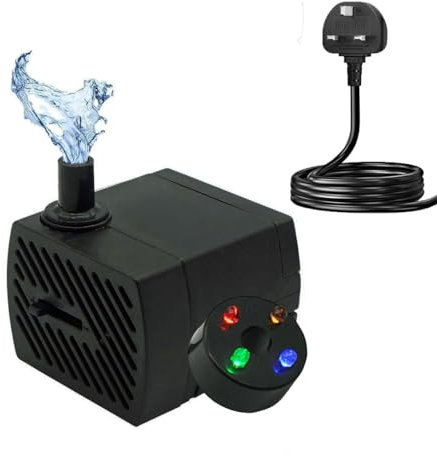 GERUI Small Water Feature Pump with 4 Colors of LED Lights, Small Submersible Water Pump 350L/H, 5W, Maximum Height of 0.85 m, Adjustable Ultra Silent Water Pump for Fish Tank, Aquarium, Hydroponics